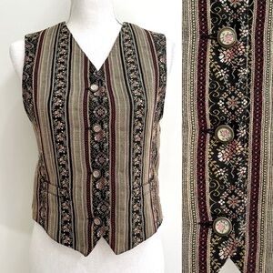 Vintage 90s Liz Sport Women's Tapestry Vest Stripe Floral Victorian Cottage 4P